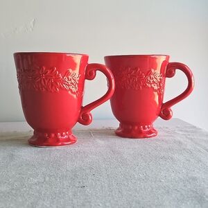 Roscher & Co. Poinsettia Collection Coffee Mug Set of 2 Red Stoneware Embossed